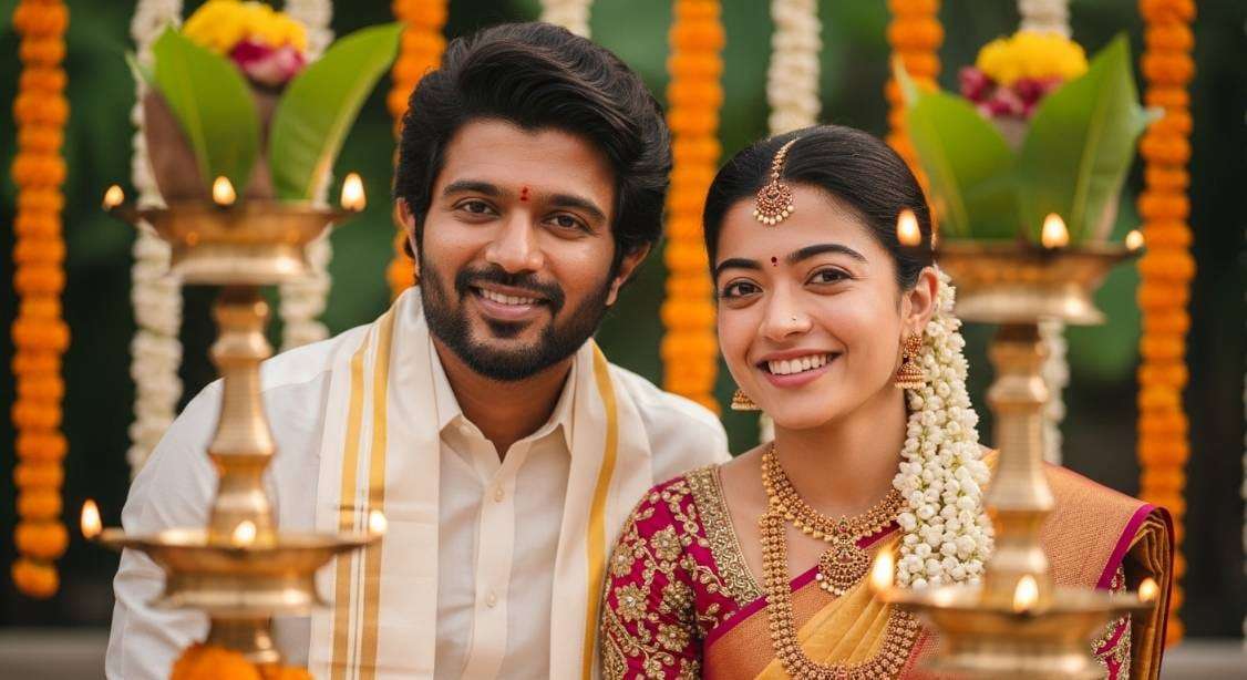 “Vijay Deverakonda and Rashmika Mandanna at their engagement ceremony in traditional attire.”